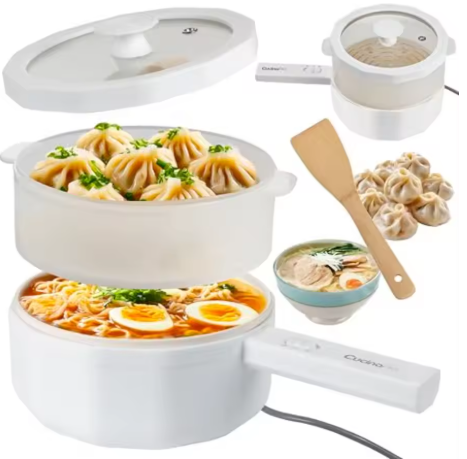 三合一电火锅，带蒸笼和电饭煲 - 多功能不粘锅 1.5L - 快速煮面条炒饭